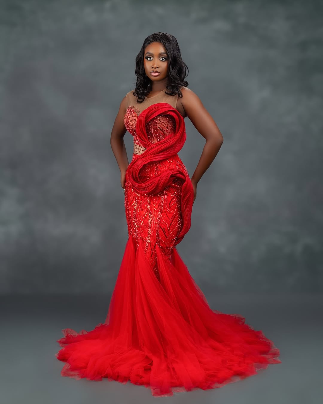 Mermaid Red Aso Ebi Prom Dress 2025 Evening Dresses For Special Occasions Sheer Neck Beaded Lace Flora Birthday Dress Second Reception Gown AM2095