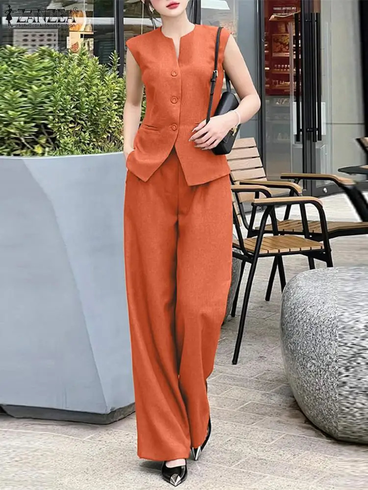 ZANZEA Women 2pcs Matching Sets Fashion Sleeveless Waistcoat Suits Office Lady Wide Leg Pants Casual Loose Solid Retro Outfits 250811