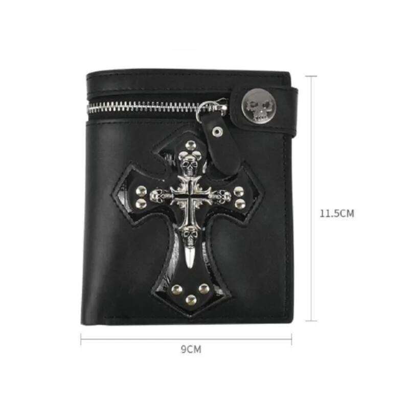 1pcs Gothic Leather Wallet with Vintage Chain & Rivets Skull Cross Design Coin Purse Punk Rock Accessories