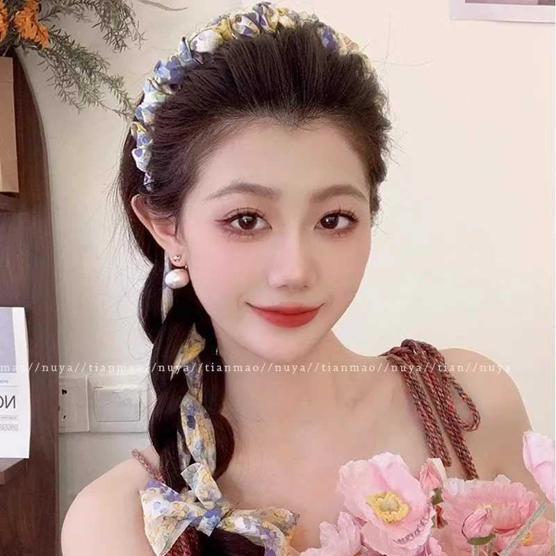 Elegant Print Flower Long Ribbon Teethed Hairband For Girls Sweet Hair Hoop Band Fashion Hair Accessories X250812