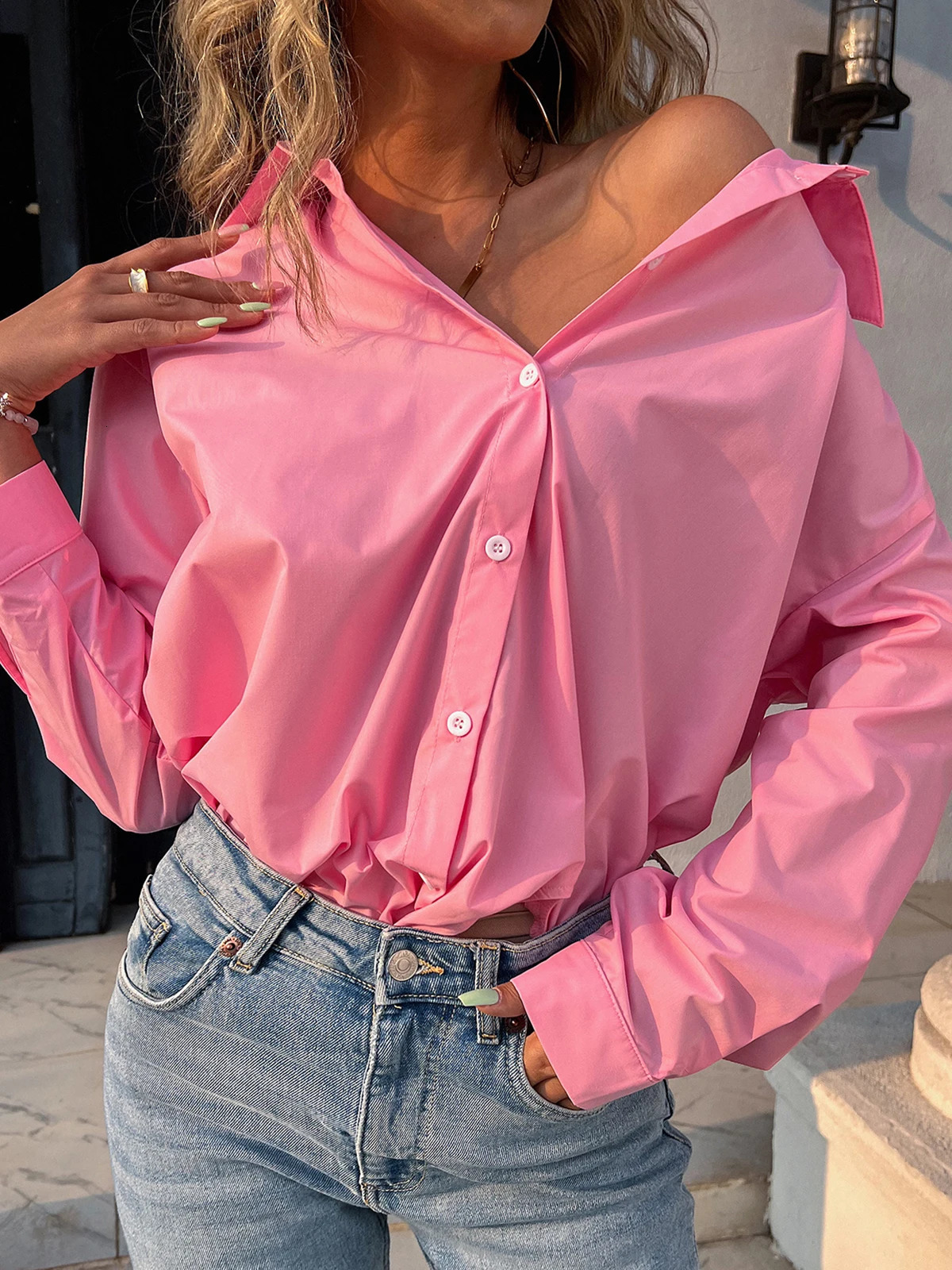 Long Sleeve Ladies Tops Blouses Button Down Casual Shirt Women Turn-down Solid Collar Loose Blouse Women 250811