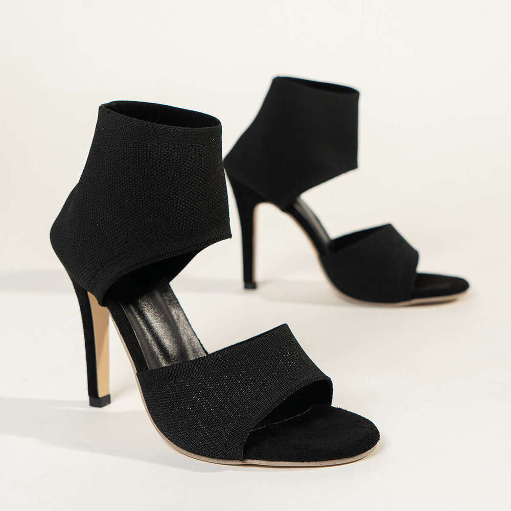 2025 Summer Designer New Large Size High Heels Black Flyknit Stiletto Peep Toe Sandals Women