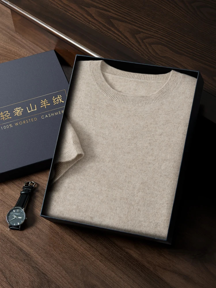 Mens O-Neck Cashmere Sweater 100% Cashmere Half Sleeve Basic Pullover Soft Comfy Bottom Knitwear Solid High Quality Tops 250806