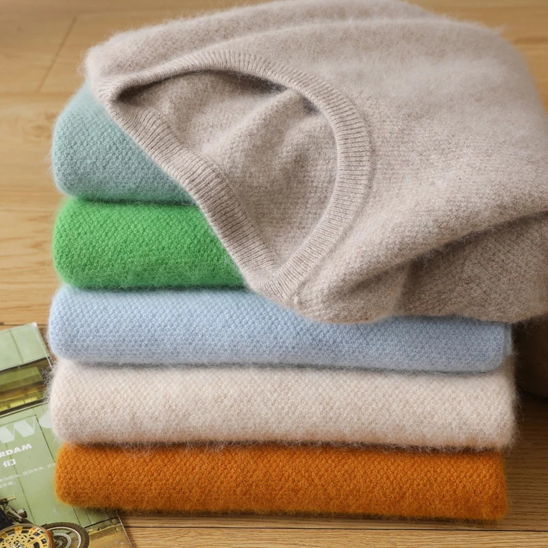 Mens Clothing Autumn and Winter Mink Cashmere Sweater Solid Color Rice Grain Knit Jumper Large Size Loose Casual Base Top 250806