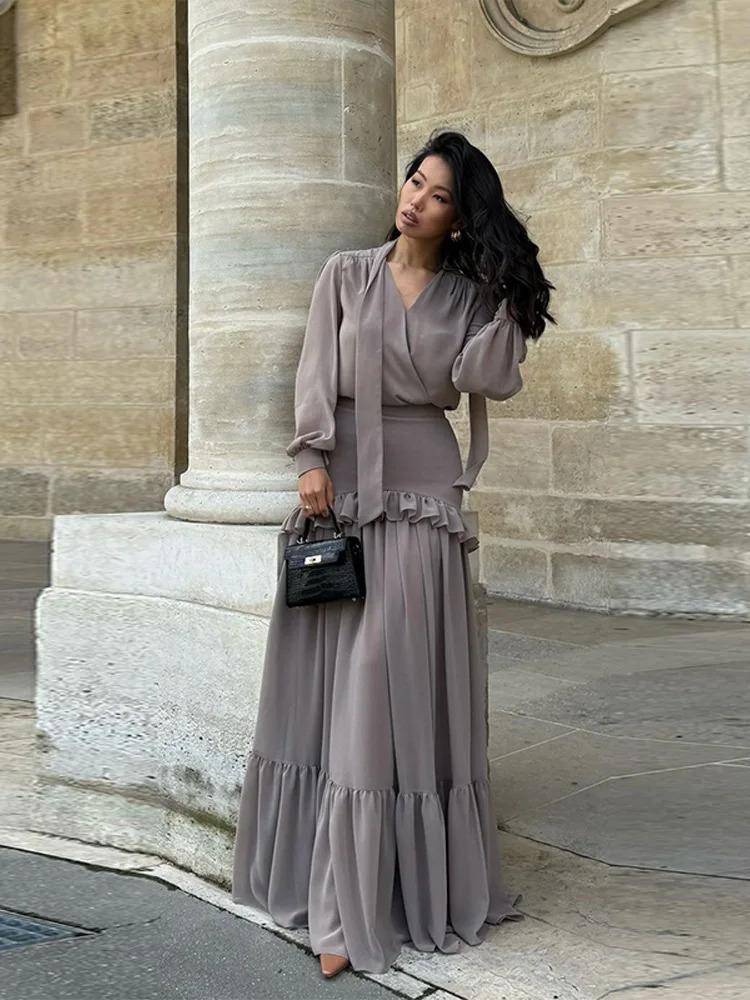 Women Chiffon V-Neck Wrap Top Set Tie Lantern Sleeve Blouse Ruffled Tiered Maxi Skirt Fashion Elegant Suit Chic Lady Outfit 250811