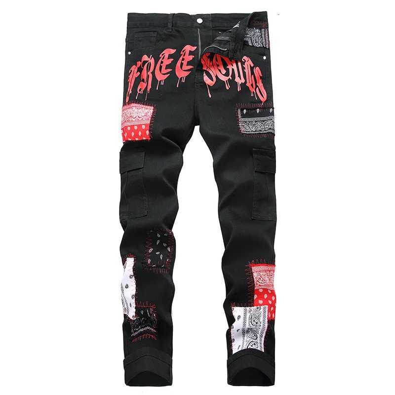 2023 New Mens Patchwork Black Jeans Men Printed Straight Slim Casual Denim Pants Autumn Streetwear Hip Hop Jeans for Men X250812