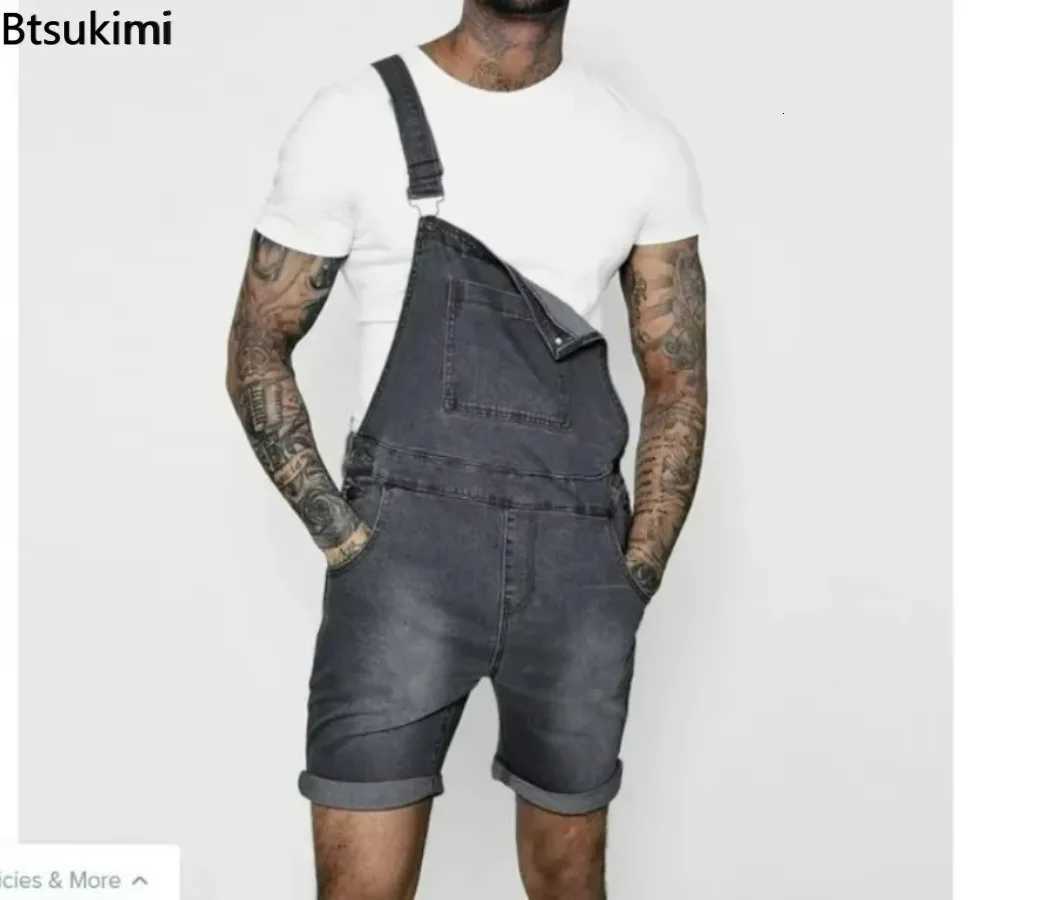2025 Mens Fashion Multi-Pocket Baggy Jeans Jumpsuit Solid Streetwear Suspender Shorts Rompers Denim Overalls for Men Outfits X250812