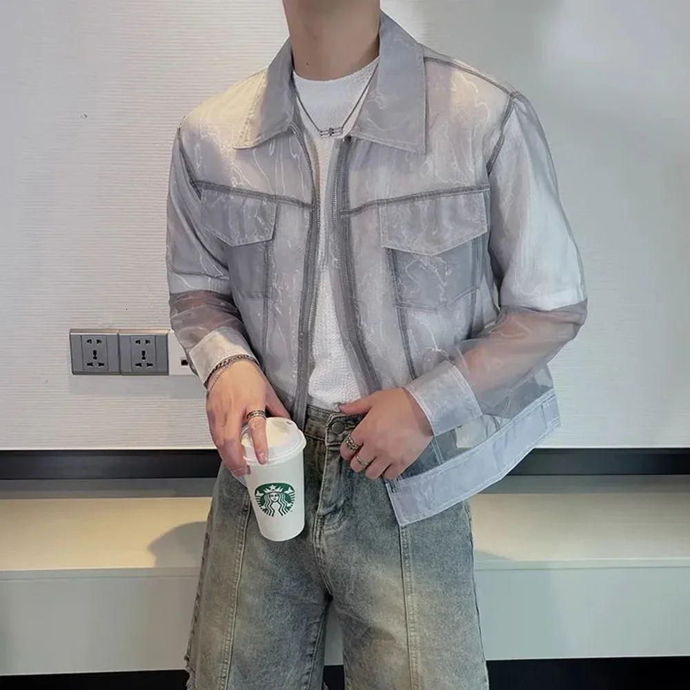 Summer Trendy Men Transparent Sunscreen Jacket Fashion Sexy Mesh Long Sleeve Lapel Top Solid Streetwear Zipper Coat 250811