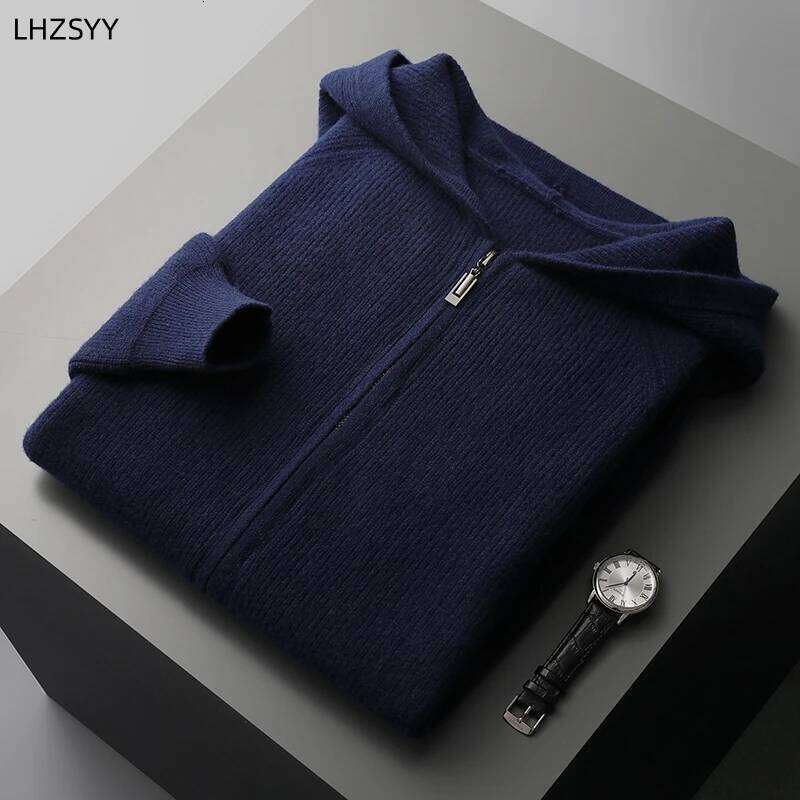 100%Pure Wool Zipper Cardigan Men's Hooded Collar Large Size Knit Coat Fashion Loose Thicken Jacket Autumn Youth Cashmere Hoodie 250812