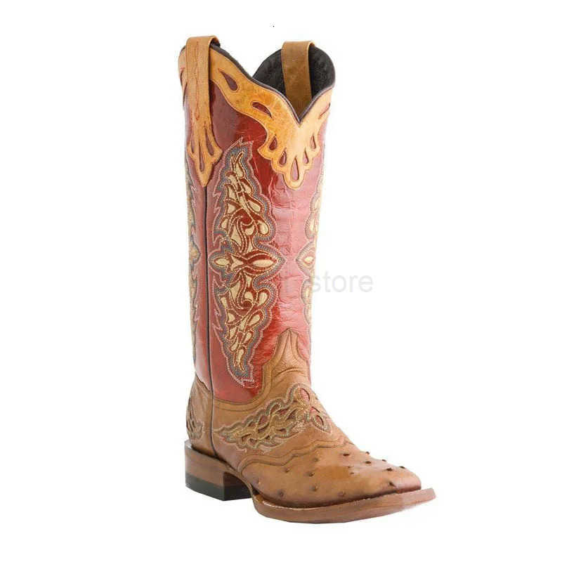 Leather Embroidered Western Cowboy Retro Cowgirl Boots Low Heels Knee High Boots Female Footwear M250812