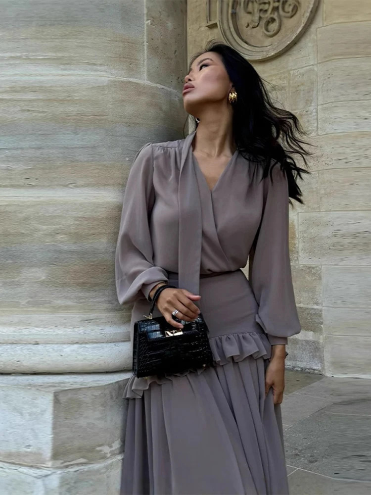 Women Chiffon V-Neck Wrap Top Set Tie Lantern Sleeve Blouse Ruffled Tiered Maxi Skirt Fashion Elegant Suit Chic Lady Outfit 250811
