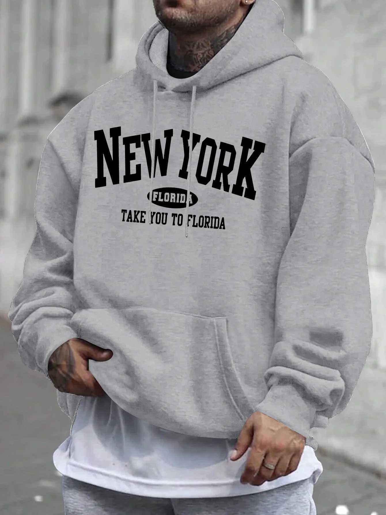 Mens Casual Hoodie with New York Florida Graphic Print Geometric Design Front Pocket Machine for Spring Fall Casual Attire Y250811