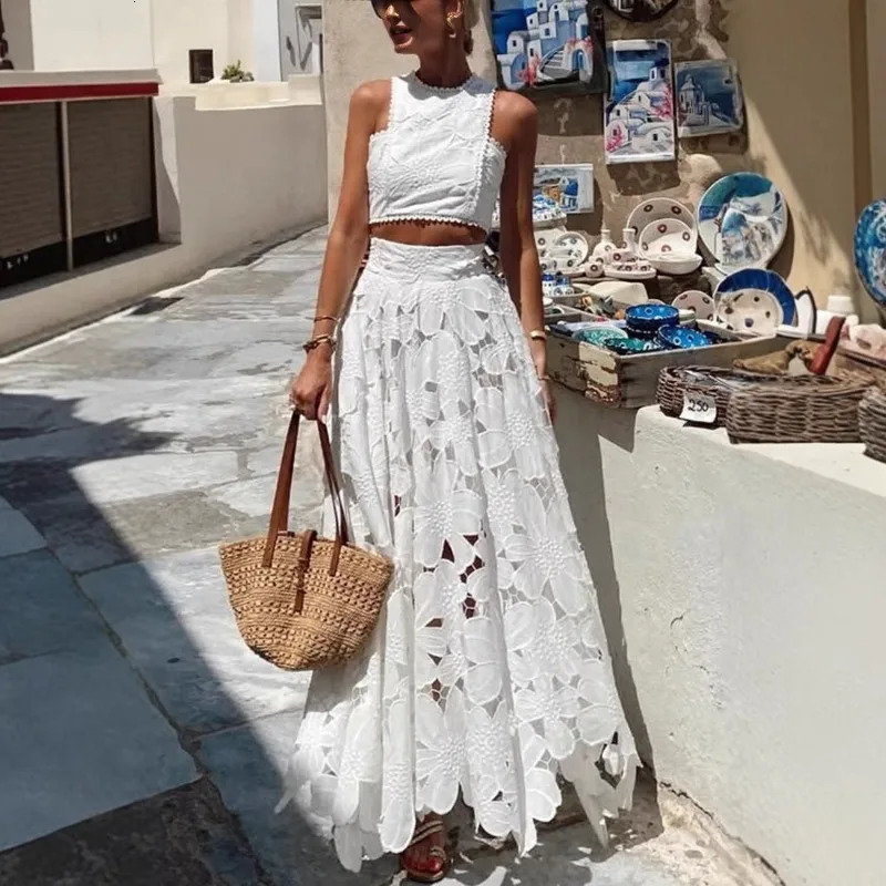 Sexy Women Hollow Out Two Piece Set Elegant Summer Sleeveless Vest Top Floral Maxi Skirt Set Beach Vacation Holiday Outfits 250811