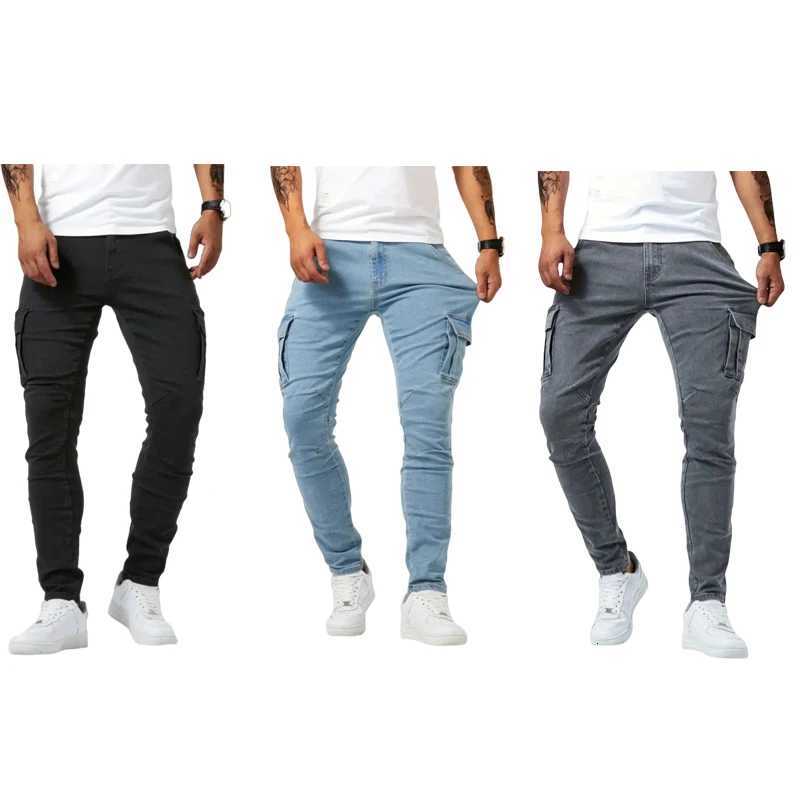 Men Pants Wash Solid Color Multi Pockets Denim Mid Waist Cargo Jeans Plus Size Fashion Casual Trousers for Men Daily Wear X250812