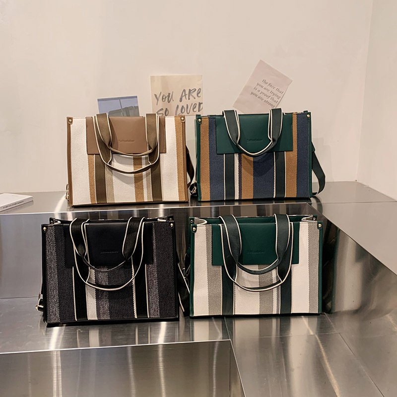 Canvas Summer New Color-Block Striped Shoulder Casual Commuter Large Capacity Crossbody Tote Bag