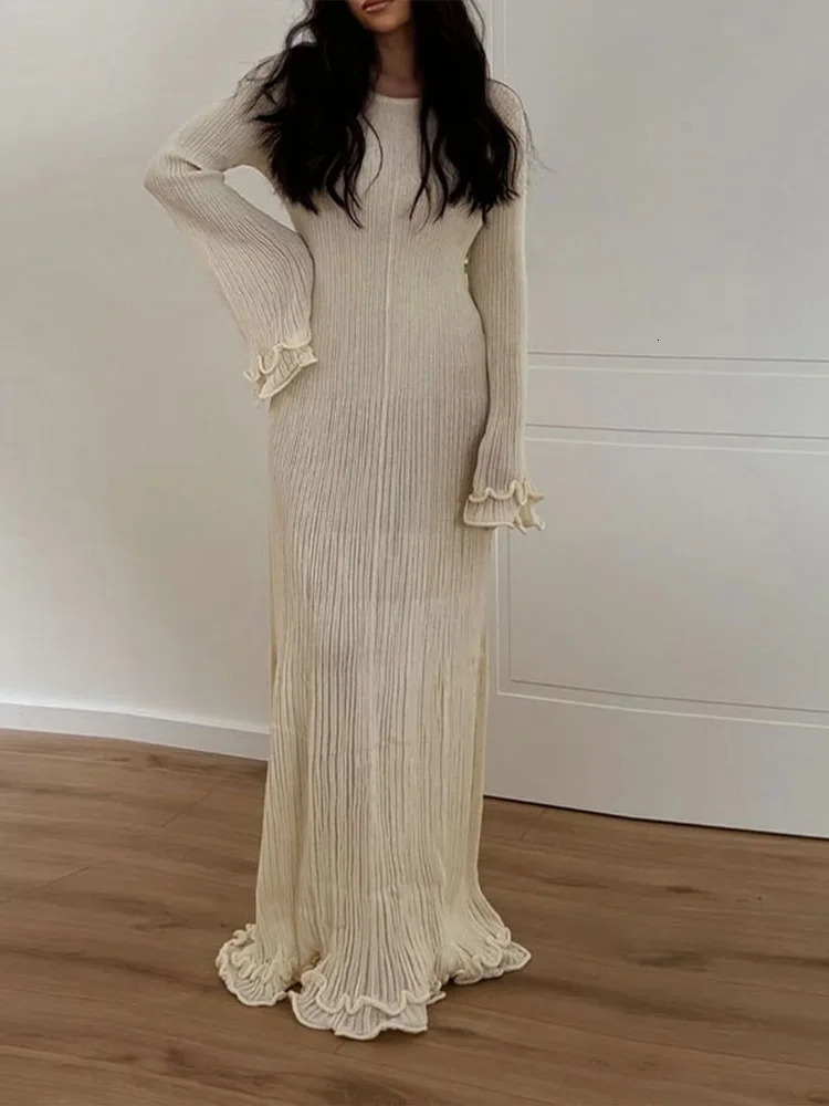 JULISSA MO Knitted Round Neck Ruffles Women Maxi Dress Long Sleeve High Waist Dress Female Autumn Skinny Elegant Party Clubwear 250805