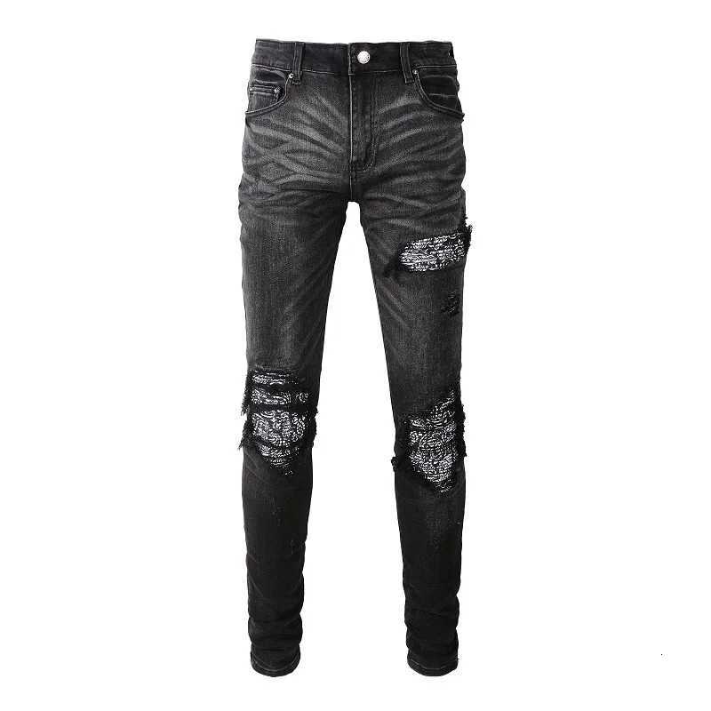 Men Bandanna Paisley Print Patch Jeans Streetwear Patchwork Holes Ripped Biker Pants Skinny Tapered Black Stretch Denim Trousers X250812