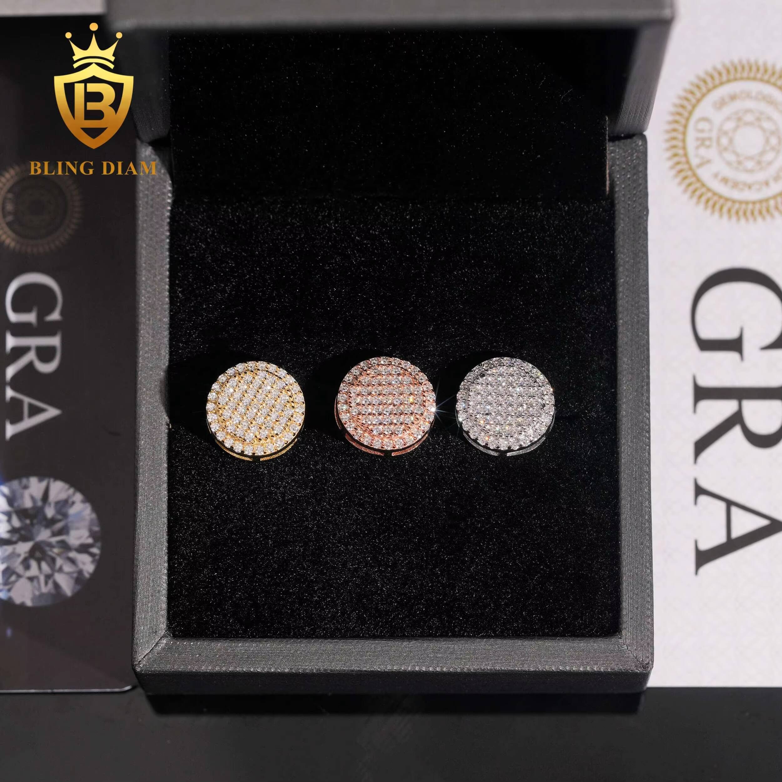 RTS Blingdiam Jewelry Wholesale 925 Sterling Silver Gold Plated Vvs Moissanite Diamond Earrings Stud for Trendy Men Women