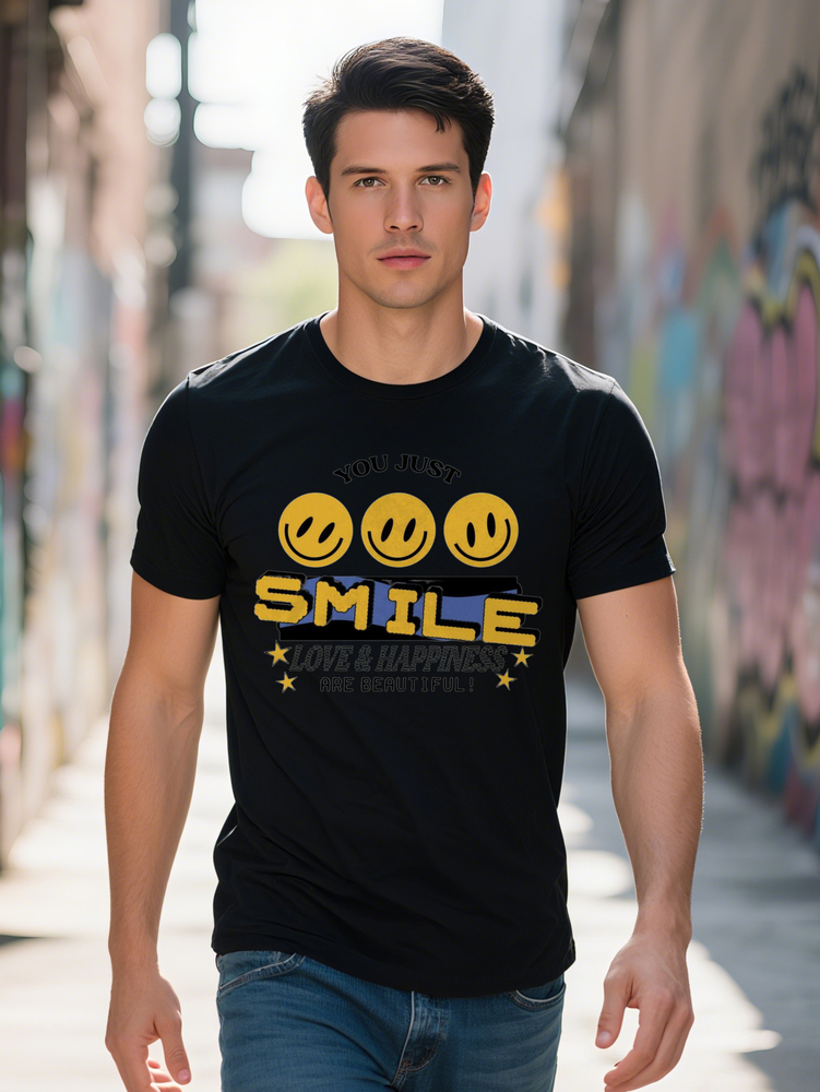 Men s Casual Graphic T Shirt You Just Smile Design with Emoticons Round Neck Short Sleeve Black Tee Summer