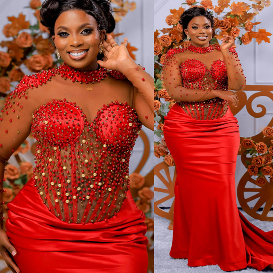 Mermaid Red Plus Size Prom Dress 2025 Evening Dresses For Special Occasions High Neck Beaded Pearls Illusion Long Sleeves Birthday Second Reception Go