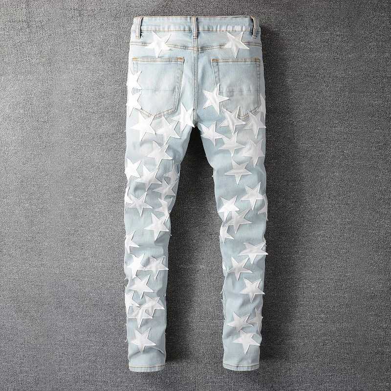 Mens Leather Stars Patches Design Jeans Streetwear Patchwork Ripped Stretch Denim Pants Slim Skinny Pencil Trousers X250812