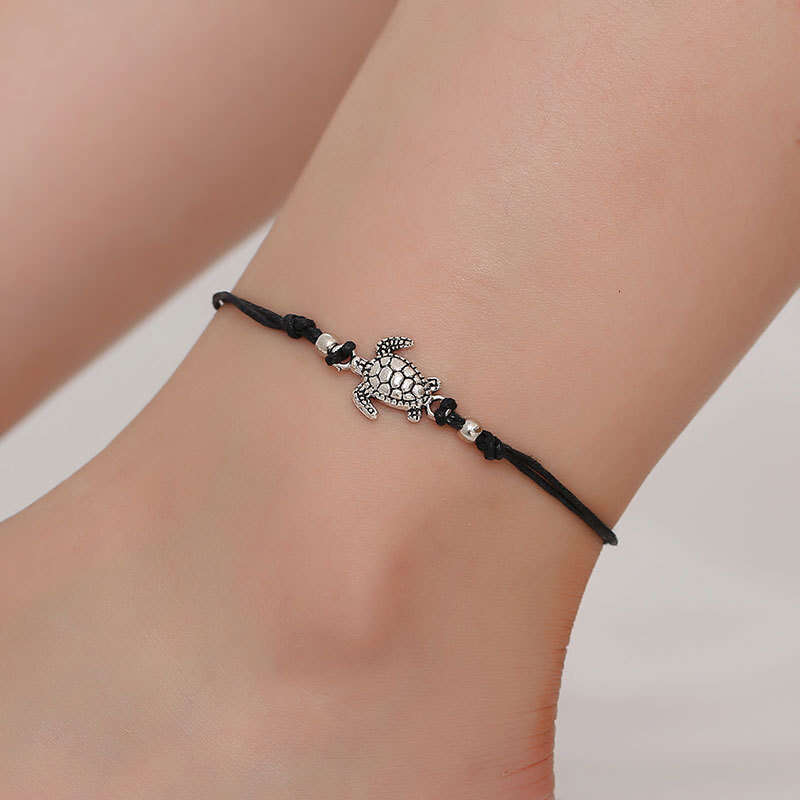 New Hemp Rope Handwoven Antique Silver Turtle Beach Anklet