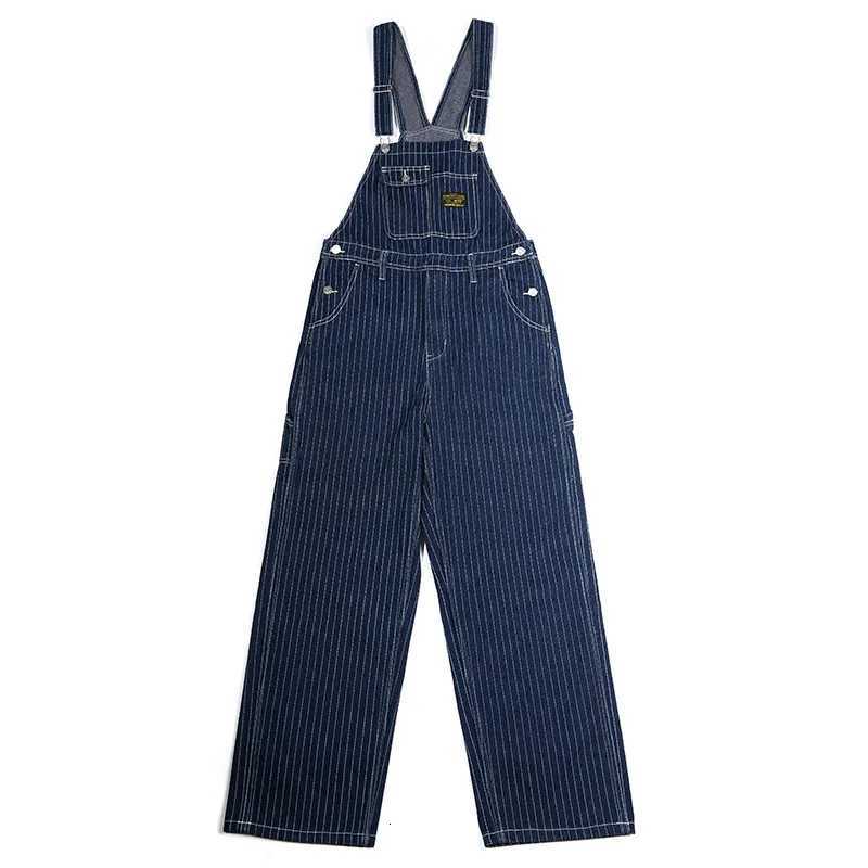 American Vintage Casual Indigo Raw Denim Overalls Mens Retro Striped Jeans Jumpsuit Long Denim Bib Pants OKONKWO X250812