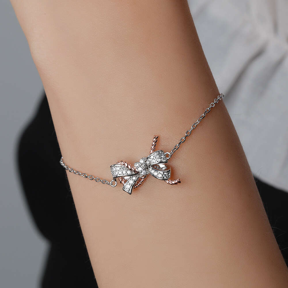 SKA 925 Sterling Silver Bow Bracelet - Elegant Zirconia Adjustable Chain for Women