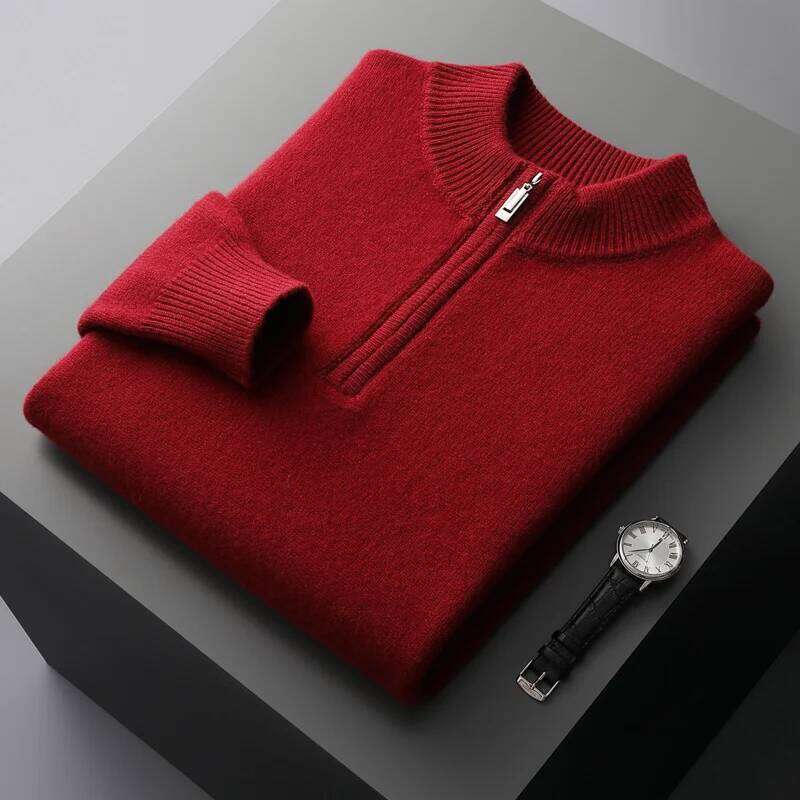 100% Merino Wool Knitted Sweater Men's Semi-Zipper High-Neck Thicken Pullovers Fashion Loose Large Size Tops Cashmere Base Shirt 250812