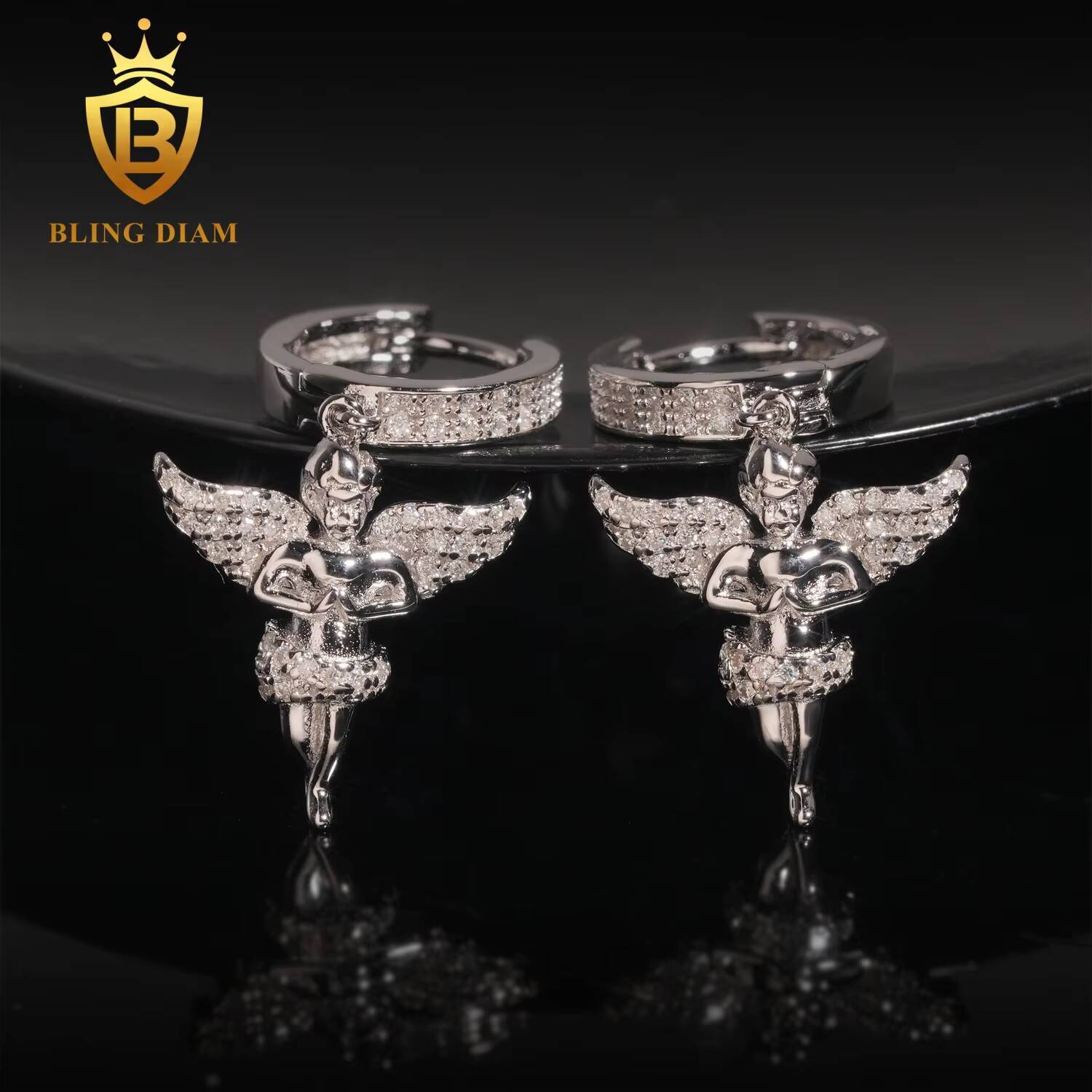 Luxury Style Popular Gold Plated 925 Sterling Silver Drop Angle Charm Moissanite Hoop Earrings