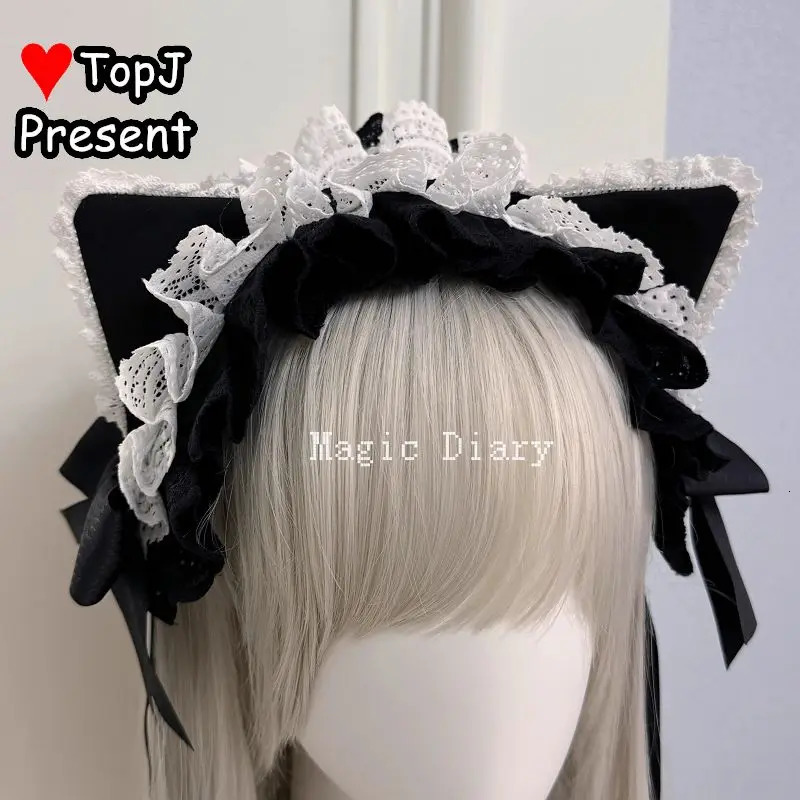 lovely Japanese handmade girl Harajuku Gothic Lolita cosplay sweet Lolita subculture angel lace flounce Kitty ear headband 250805