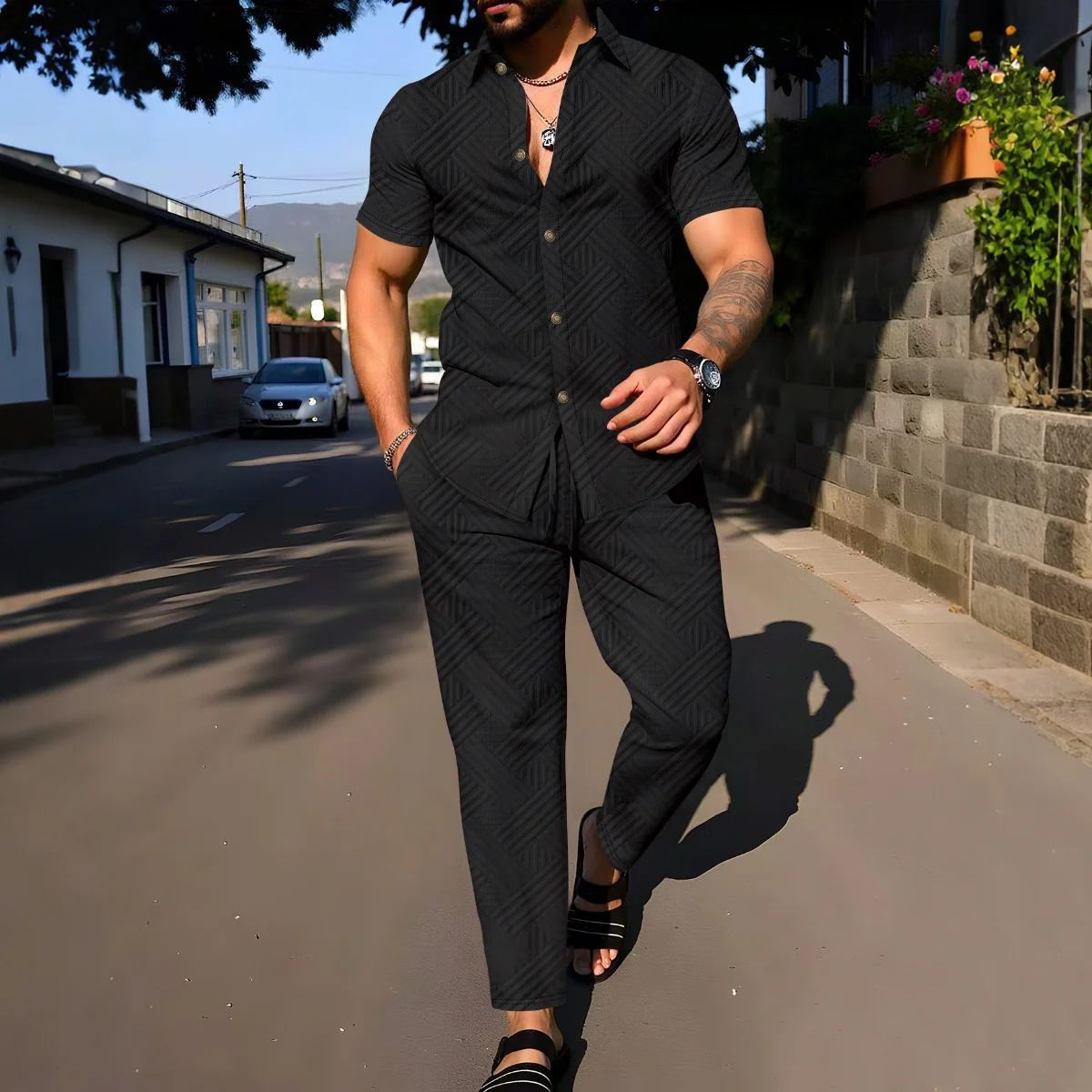 2025 Summer Mens Solid Color Jacquard Polo Two-Piece Set - Short-Sleeve Shirt Long Pants - Outdoor Stylish Suit for Men 250811