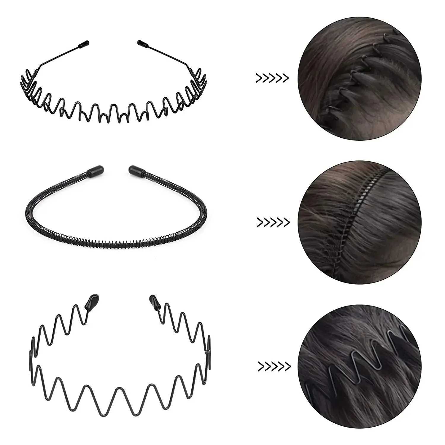 1/3pcs Unisex Black Elastic Non-Slip Metal Bands for Men Wen Wavy Hairband Spring Hair Hoop Fashion Hair Accessories X250812