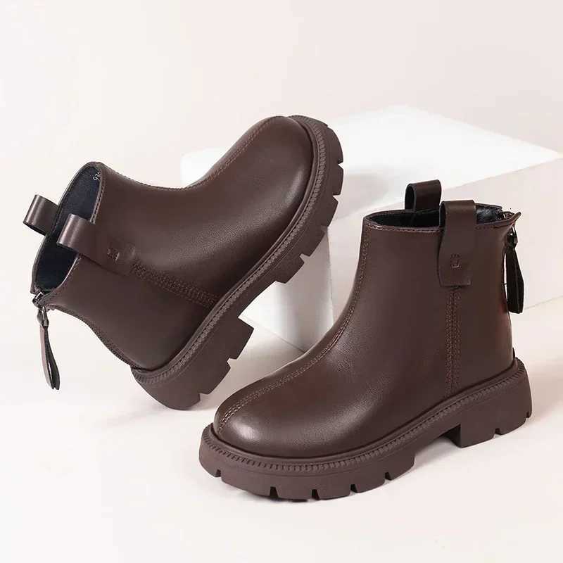 Girls Ankle Boots Simple Design Classic Kids Rubber Boots Anti-skid Side Zipper Black Brown Plain Kids Boots Autumn Winter New XJ250812