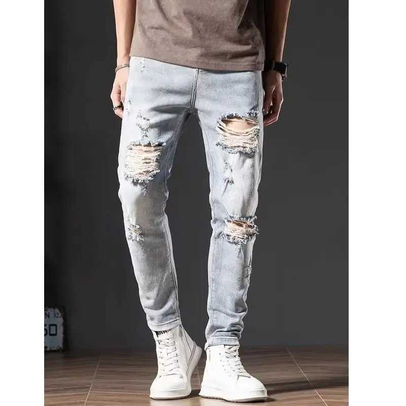 Trendy Brand Ripped Light-Color Jeans Mens 2025 Spring Summer Thin Slim-Fit Pants Ruffian Hands Pants Ripped Jeans Men Clothing X250812