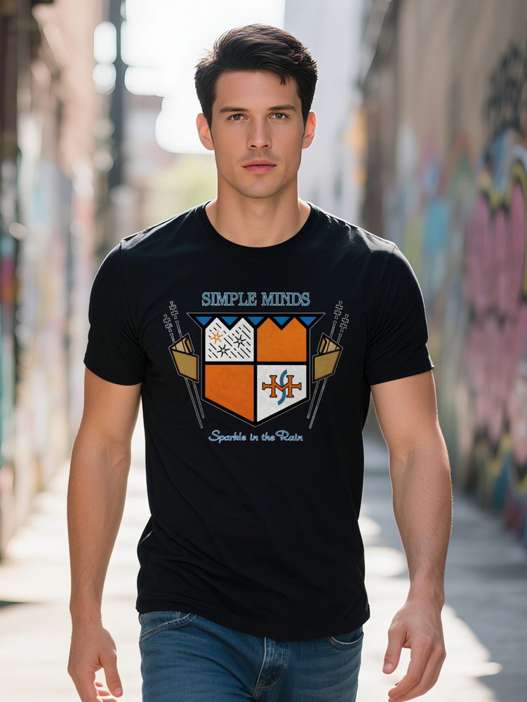 Men s Graphic T Shirt SIMPLE MINDS Sparkle in the Rain Print with Musical Notes Umbrella Design Black Round Neck