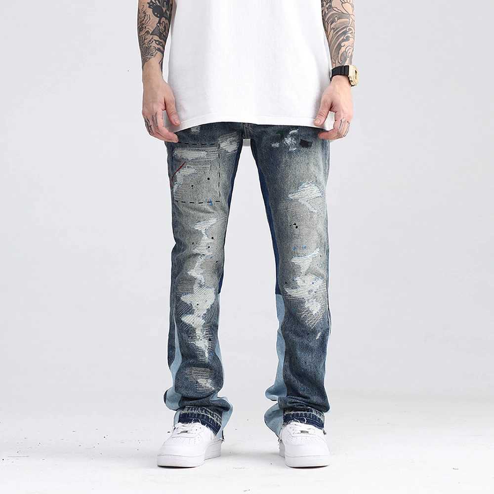 Blue Speckle Ink Washed Flared Jeans Men Slim Hip Hop Graffiti Ripped Denim Jeans Men Streetwear Vintage Wide Leg Jeans Pants Y2k X250812