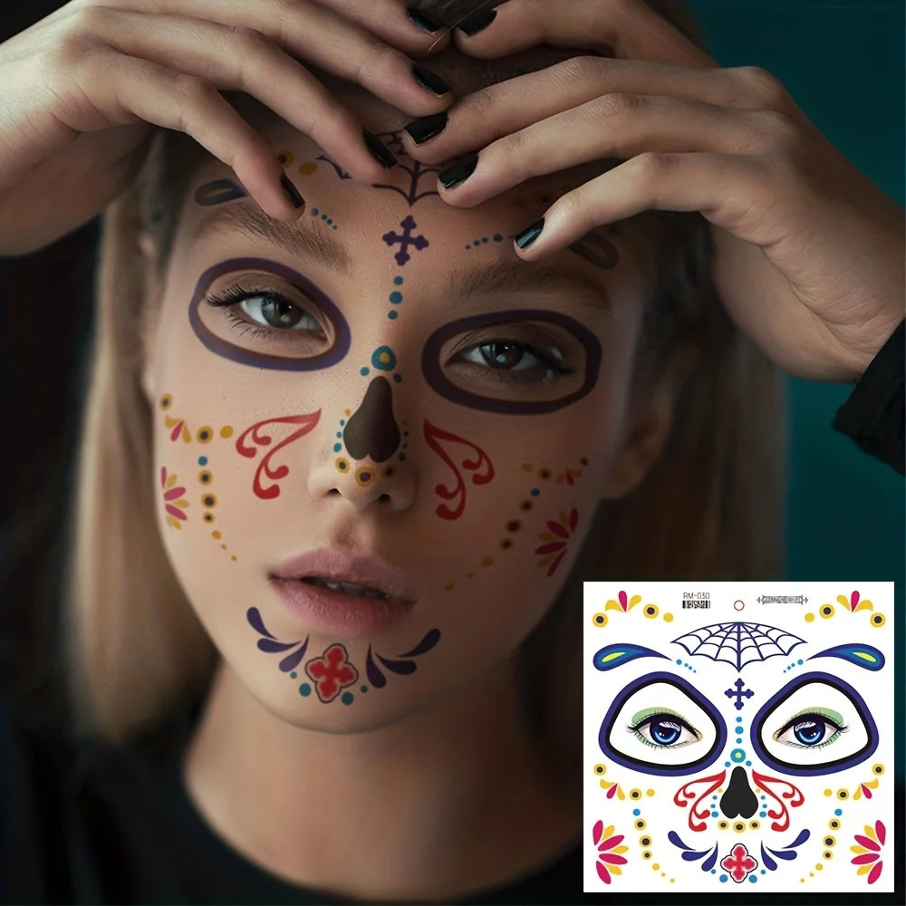 Halloween Temporary Tattoos Sticker Day Of The Dead La Catrina Face Skull Waterproof Party Makeup Decals 250809