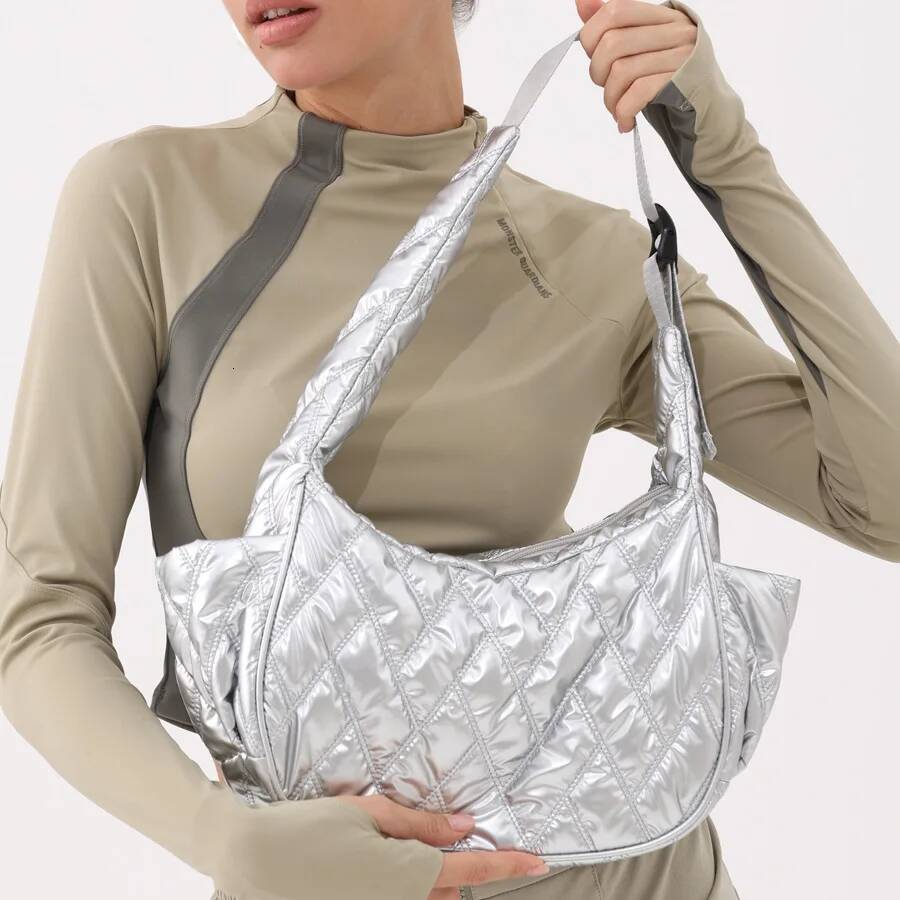 Fashion Quilted Padded Halfmoon Designer Solf Nylon Puffer Women Shoulder Bags Sier Lady Handbags Casual Hobos Bag 2025