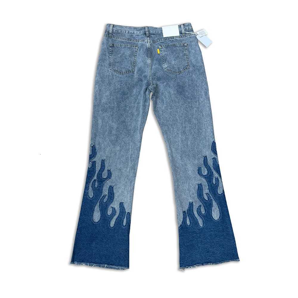 2024 Retro Vintage Micro-flared Jeans High Quality Patchwork Flame Flared Pants Men Washed Old Baggy Jeans Trendy Denim Trousers X250812