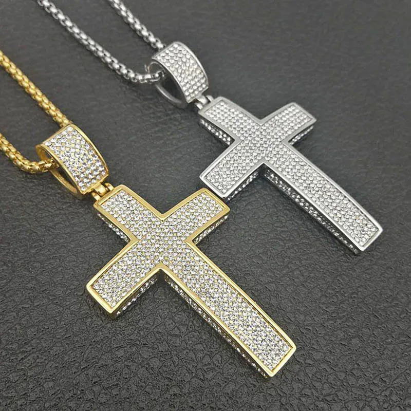 Stainless Steel Cross Pendants Necklaces Gold Color CZ Stone Paved Bling Iced Out Hip Hop Rapper Jewelry with 24 Gold Chain 250807