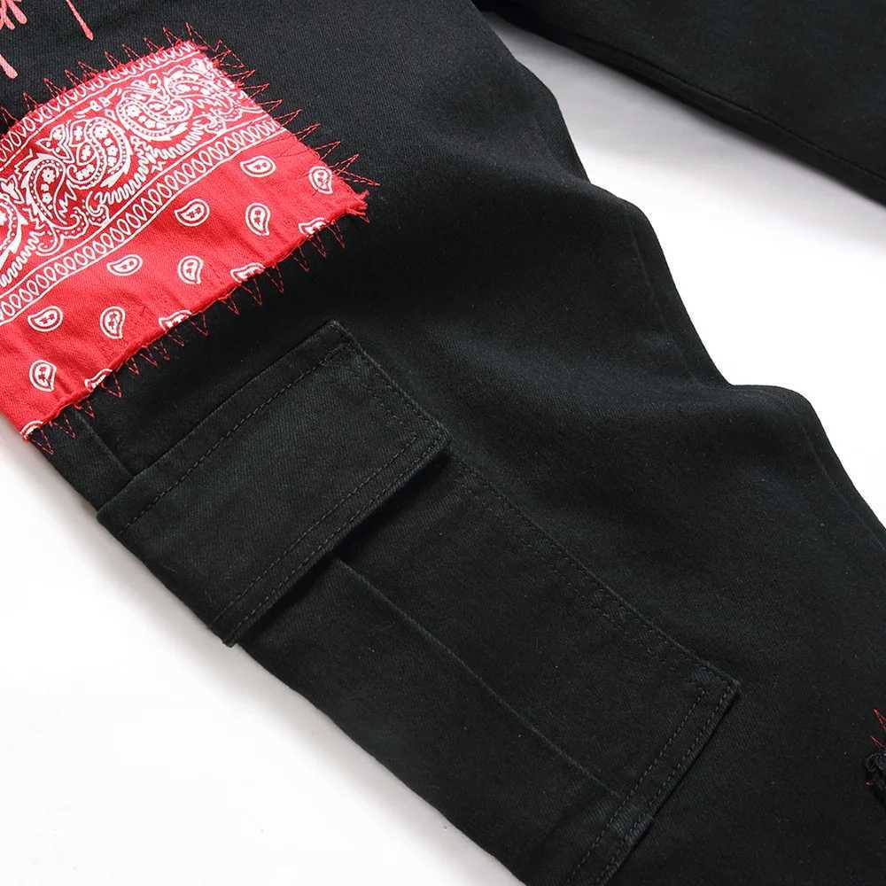 Men Bandana Paisley Patches Jeans Pockets Cargo Black Stretch Denim Pants Letters Print Slim Tapered Trousers X250812