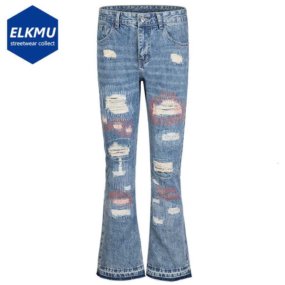 Fashion Mens Ripped Jeans Sewing Distressed Flared Denim Pants Harajuku Streetwear Blue Jeans for Men X250812