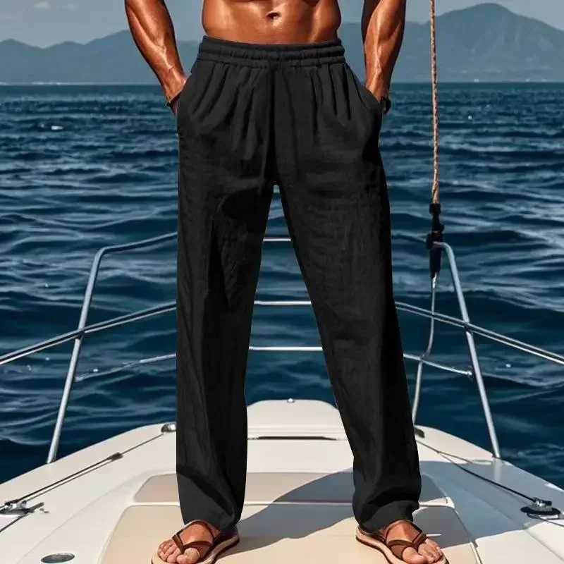 Spring and Summer New Mens Solid Color Cotton and Linen Casual Long Pants Hawaiian Beach Loose Sports and Breathable Street Pants W250812