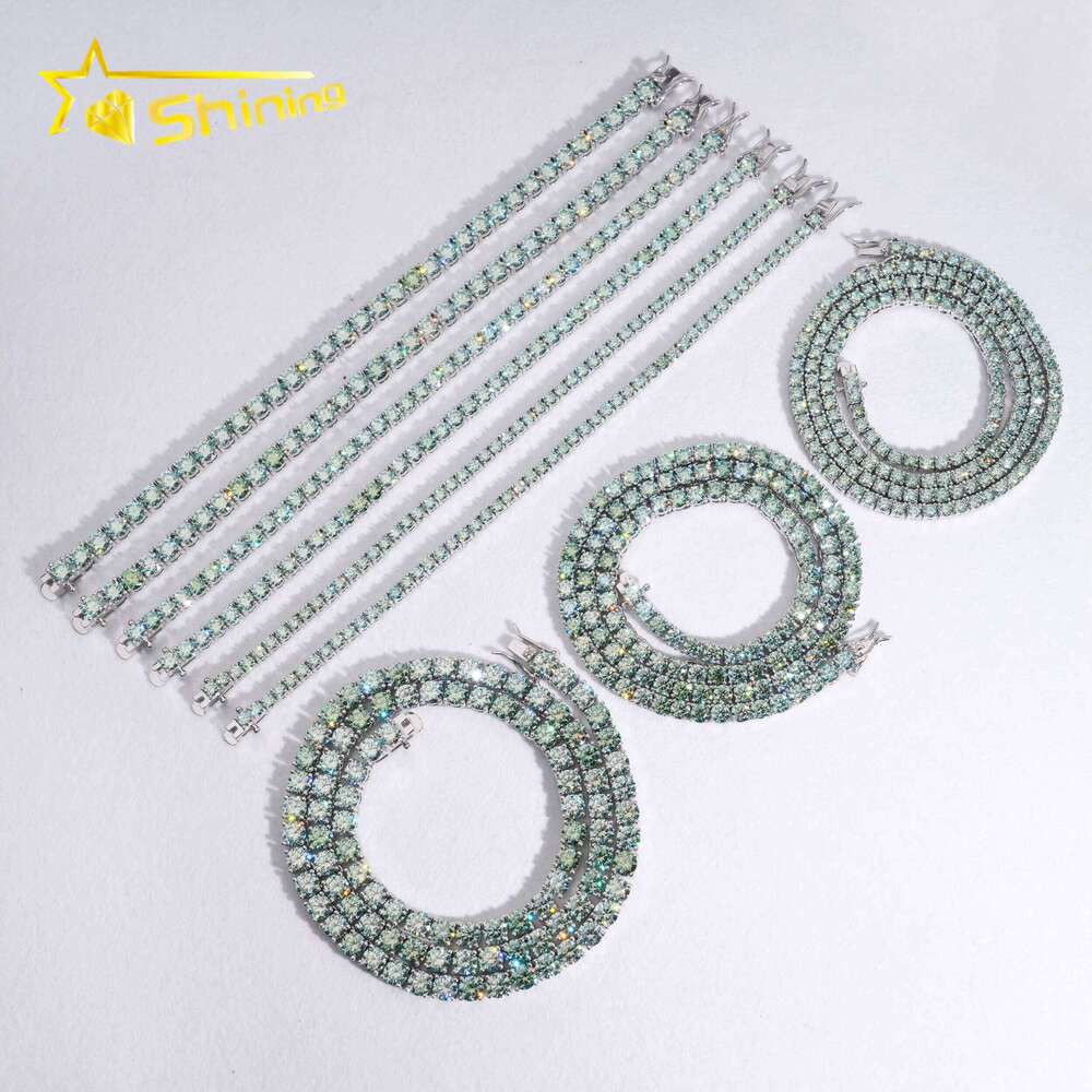 Hip Hop Iced Out Blue Green Color VVS Lab Moissanite Dia Sterling Sier 2MM 3MM 4MM Tennis Bracelet Chain Necklace