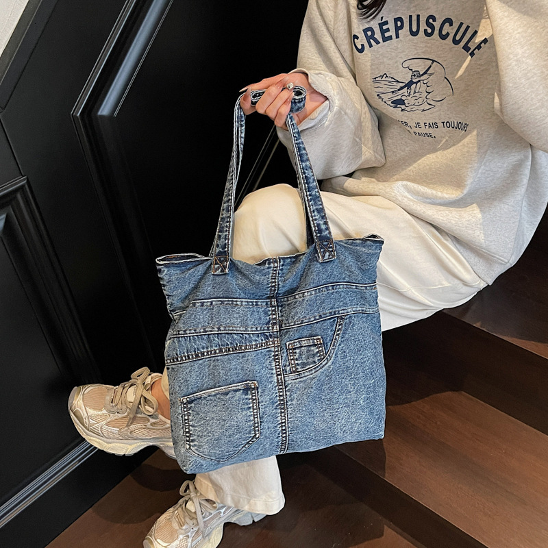Denim for Women New Fashion Versatile Single Shoulder Crossbody Patchwork Commuter Tote Bag