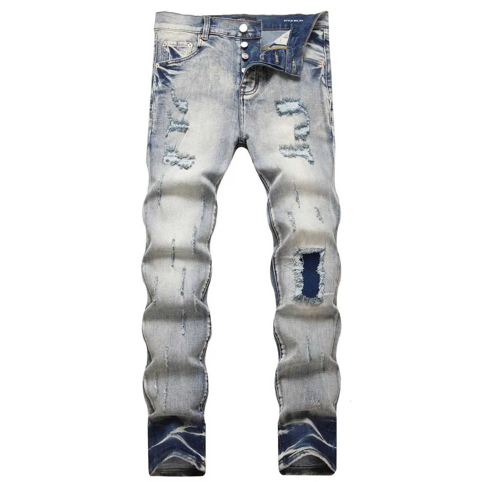 New High Street PU for Men with Ripped Holes Embroidered Patchwork Leather Appliqu Stretch Slim Fit Skinny Jeans X250812