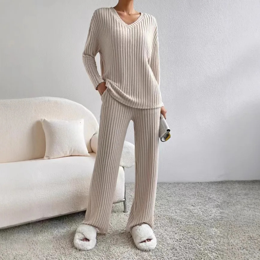 Autumn Winter Ribbed Knit Two Piece Set Womens V Neck Long Sleeve Top Wide Leg Pants Loungewear Casual Solid Color Outfit 250811