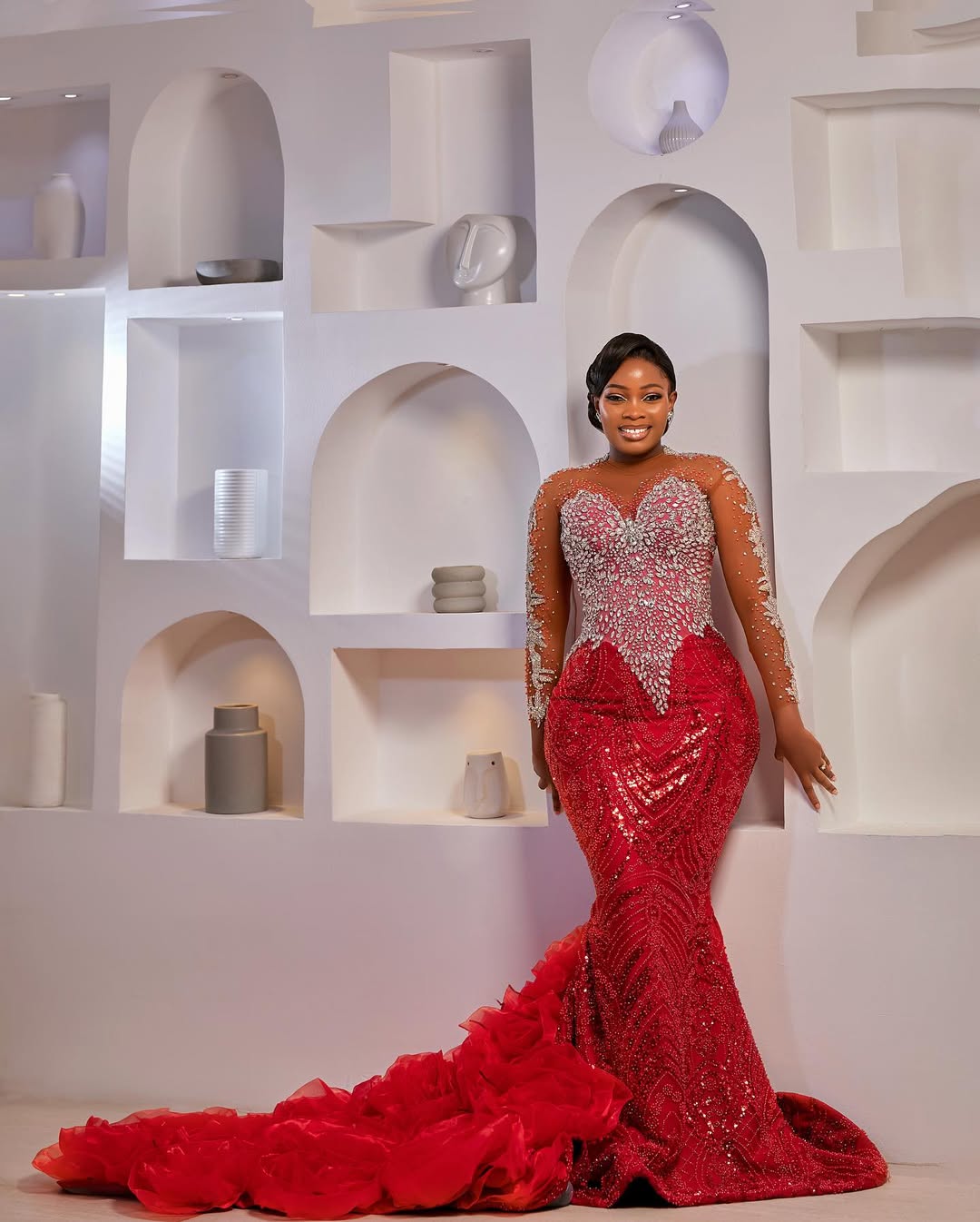 Mermaid Red Plus Size Prom Dress 2025 Evening Dresses For Special Occasions Sheer Neck Beaded Lace Appliqued Crystal Illusion Birthday Second Receptio