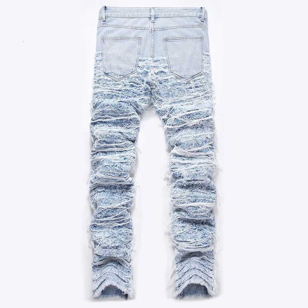 Mens Light Blue Fringe Denim Jeans Ripped Distressed Destroyed Streetwear Pants with Patches Patchwork Loose Fit Trousers X250812